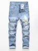 Jeans para hombre Diseñador Slim Fit Denim cortado y rasgado con elegante parcheCausal Fashion Street Style 230915