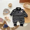 Barboteuses Gentleman bébé garçon vêtements chapeau ensemble coton ours rayure décontracté nés infantile combinaison enfants vêtements 3 18 mois 230918