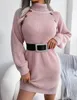 2023 Nya avslappnade klänningar Kvinnor Sticked Turtleneck Dress Autumn Elastic Loose Vestidos Fashion Streetwear Winter Warm Knitting