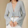 Women's Blouses Woman All Seasons Solid Ccolor V Neck Lace Up Long Sleeve Ruffled Hem Home Style Lohas Time Womens Tops Short Loose Fit