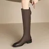 Botas moda lado zíper longo mulheres outono inverno saltos grossos joelho alto mulher marrom tubo pu couro botas mujer 230915