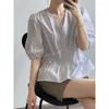 Damesblouses WDMSNA Franse V-hals Doll Shirt 2023 Zomer Bladerdeegmouwen Blusa Feminina Effen Kleur Single Breasted Blouse Dames