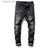 Men's Jeans Unique Men Painted Rips Jeans Stretch Black Fashion Designer Slim Fit Washed Motocycle Denim Pants Panelled Hip HopTrousers 1012 L230918