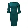 Casual Dresses Office Dress Women Autumn Kne Length Solid Color Tiered Three Quarter Slim Fit Belt Patch Designs Fashion