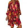 Robes décontractées été automne imprimé floral robe à volants vintage col en V évasé manches longues lâche boho plage femmes bouton robe