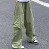 Kvinnor Pants Spring Green Cargo Fashion Pocket Thin Straight Moping High Street Y2K Baggy Wide Leg Trouser Ladies 2023 Summer