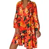 Robes décontractées été automne imprimé floral robe à volants vintage col en V évasé manches longues lâche boho plage femmes bouton robe