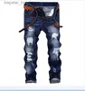 Men's Jeans Unique Mens Distressed Ripped Straight Leg Jeans Fashion Designer Retro Washed Embroidery Bleached Streetwear Black Denim Pants JB164 L230918