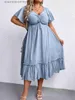 Podstawowe sukienki swobodne Somo Plus Size Sukienki Letnie sukienki niebieskie eleganckie rękawy seksowne biuro dama w dniu wysokim talii Hurtowa sukienka hurtowa l230918