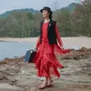 Casual Dresses A Life On The Left Women Dress Long Sleeve Round Neck A-shape Mulberry Silk Multilevel Asymmetric Design Fashion Red Skirt