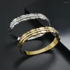 Bangle Trendy Ripple Round Oval Weld Texture Stainless Steel Bangles Armband For Women Luxury Crystal Rhinestones Jewelry