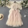 Basic Casual Dresses Summer Plaid Hollow Out Embroidery Dress Women's Stand Short Sleeve Beige Stitching Mesh Tulles Bow Lace193H