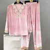 Women's Sleepwear Soft Lounge Wear Women 2 Pieces Shirt&Pants Velvet Casual Pajamas Set With Lace Home Clothes Intimate Lingerie Pyjamas