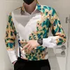 Camisas casuais masculinas coreano fino ajuste camisa social camisa de manga longa night club mens botão luxo homens flor pavão print263u