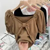 Women's T Shirts T-shirt Y2k Short Sleeve Square Collar Crop Top Korean Vintage Harajuku Fashion Khaki Kawaii Baby Tee Clothes