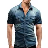 Homens primavera verão denim camisa fina manga curta algodão macio dois bolsos fino leve elástico jeans cowboy roupas286p