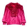 Camicette da donna Manica lunga Camicia rossa rosa Autunno Pieghettato Increspature Cuciture Scollo a V Camicetta ampia Femminile Temperamento leggero di lusso Top