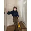 Women's Blouses Elegant Women Denim Shirt Set Bow Turtleneck Lantern Sleeve Pullover Jean Blouse High Waist Solid Split Brown Pu Skirt 2Pcs