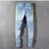Homme décontracté homme néon jaune couleur lignes Patchwork déchiré jean mode trous détruit Denim Stretch pantalon pantalon 3057