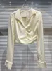 Женские блузки 2023, осенняя мода, нерегулярная шелковая короткая рубашка с v-образным вырезом для женщин, однотонная мятая блузка с длинным рукавом, женская 11XX5635