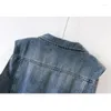 Damenwesten Vintage Blau Ausgefranste Große Tasche Umlegekragen Denim Weste Frauen Weste Cowboy Ärmellose Jacke Lose Kurze Jeans Weiblich