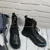 Bottines de créateurs de luxe pour femmes, demi-bottes en perles, chaussures plates à lacets en cuir de veau noir