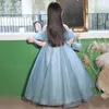 2023 Cute Princess Flower Girls Abiti con spalle scoperte Tulle Rosa blu Applicazioni di pizzo Perline Increspature Fiori a strati bling oro Lunghezza del pavimento Abiti da spettacolo per ragazze di compleanno