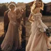 Charming Lace Spring V-Neck Garden Wedding Dresses Boho Bohemian Long Sleeve Sheer Arabic Plus Size vestido de noiva Bridal Gown B2401