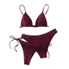 Mulheres de banho verão moda sexy cor sólida sem costas rendas-up cintura ajustar fivela sling bikini três peças maiô feminino