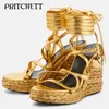 Slippers Gold Braided Wedge Metal Lock Key Sandals Round Toe Thick Sole Cross Stiletto High Heel Ankle Lace Up Women s Shoe 230918