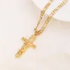 24 k Solid Fine Yellow Gold GF Mens Jesus Crucifix Cross Pendant Frame 3mm Italian Figaro Link Chain Necklace 60cm231l