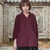 Blusas femininas sólido branco vermelho algodão blusa camisa feminina outono com decote em v estilo chinês vintage original blusas topos d069
