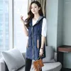 Damesvesten 2023 Borduren Denim Vest Vrouwen Lente Herfst Kleding Losse Lange Jeans Paard Clips Mode Capuchon