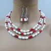 Colar brincos conjunto 3 fileiras 7-8mm pérola branca cultivada natural/coral joias de casamento femininas europeias