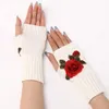 Зимние перчатки с цветком розы, мягкие вязаные теплые варежки без пальцев для женщин, мода для девочек