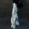レディースパンツシルバーPUレザー服2023スプリングファッションカジュアルワイドレッグハイウエストストレートバギーズボン