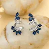 Stud Oorbellen Peer Cut Royal Blue Stone Bloem Voor Vrouwen Zilver Kleur Luxe Zirkoon Bruiloft Oorstekers Bruids Sieraden Geschenken