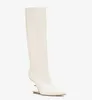 高級ブランド最初の長いブーツ先のつま先サイドジッパー斜めf字型彫刻ヒールホワイトブラックレザーレディドレスウェディングパーティーブーティーeu35-43ボックス付き