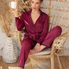 Damen-Nachtwäsche, Pyjama mit Knopfleiste vorne, seidiger Satin-Pyjama, einfarbig, langärmelig, Frühlings-Herbst-Winter-Pyjama-Set