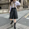 Women's Shorts 2023 Autumn Winter Knee Length Women Elastic High Waist Loose Black Pu Leather Straight Short Femme