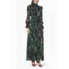 Urban Sexy Dresses Designer Runway Green Floral Print Stand Collar Lantern Sleeve Slimy Maxi Chiffon Dresses For Party Night Robe Vestidos 230918