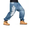 Letters Pattern Men's Pants Blue Baggy Jeans Skateboard Denim Hip Hop Pants301G