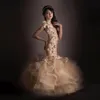 샴페인 인어 꽃 소녀 드레스 3D 플로럴 아플리크 사랑스러운 여자 대회 대회 드레스 작은 아이 생일 파티 댄스 파티 가운 280y
