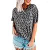Camiseta feminina verão moda blusa leopardo impressão em torno do pescoço gota ombro manga curta camiseta casual commuter all-match