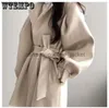 Women's Wool Blends Mid Length Topcoat Blazer Collar Woolen Coat Women Belted Winter Jacket Niche Vintage Loose Fashion Overcoat Solid Trench CoatsL230918