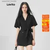 Women's Jumpsuits Rompers Lovito Casual Plain Button Belted Jumpsuit for Women L52AD103 (Black) L230918