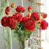 Decorative Flowers Rose Artificial 3 Heads White Peonies Silk Red Pink Blue Fake Flower Wedding Decor For Home Peony Bouquet