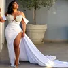 2021 Grande taille arabe Aso Ebi dentelle cristaux robes de mariée sexy col transparent haute fente gaine Satin robes de mariée ZJ294209d