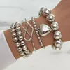 Charm Armbanden Punk Overdreven Zilver Kleur Kralen Ketting Armband Voor Vrouwen Mannen Hart Hanger Elastische Mode-sieraden Gift