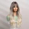 Women'S 24 Inches Wig With Fringe Bangs Long Light Brown To Blonde Body Wave Synthetic Wigs